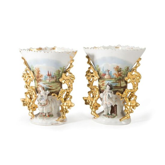 A Pair of Paris Porcelain Landscape Vases with Bisque