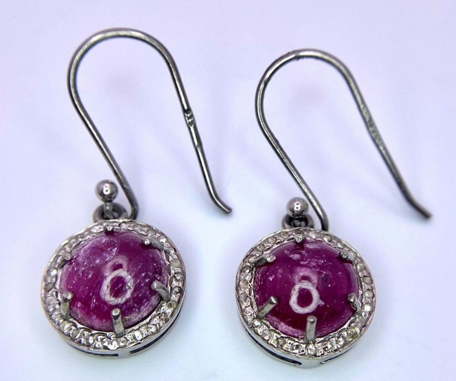 A Pair of Ruby and Diamond 925 Silver...