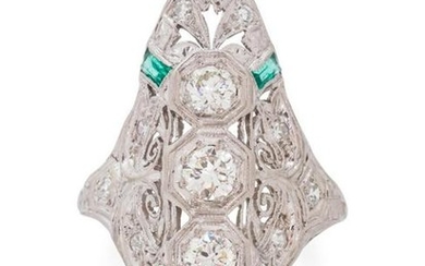 A Platinum, Diamond and Emerald Ring
