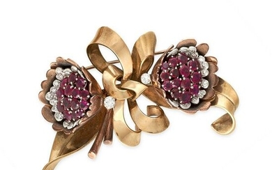 A RETRO RUBY AND DIAMOND FLOWER AND RIBBON BOW BROOCH