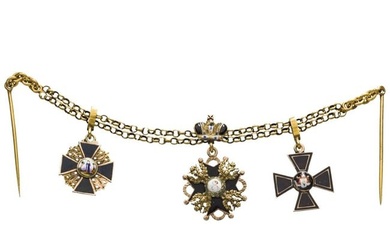 A Russian gold miniature necklace with Order of St Stanislaus with crown, Order of St Vladimir and