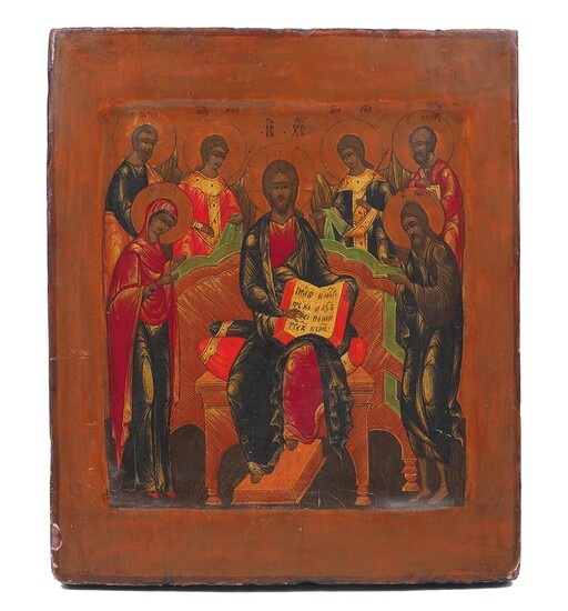 A Russian icon, 19th century, depicting Christ to the centre with an open book surrounded by saints including Pete, the Virgin Mary, Archangel Michael, an evangelist, and John the Baptist, oil on panel, 31cm x 260cm