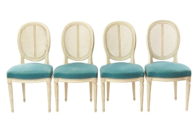 A SET OF EIGHT LOUIS XVI STYLE RATTAN BACK DINING CHAIRS CIRCA 1940