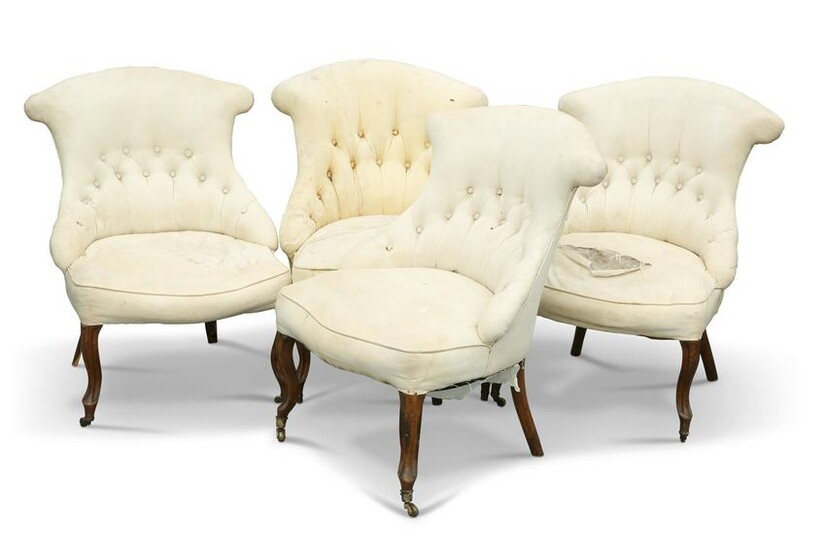 A SET OF FOUR VICTORIAN WALNUT AND UPHOLSTERED SALON