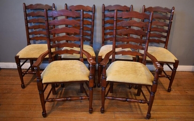 A SET OF SIX LADDERBACK TIMBER DINING CHAIRS, INCLUDING FOUR CARVERS (VARYING SEAT COLOURS) (110H X 59W X 60D CM)
