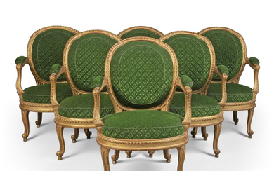 A SET OF SIX LATE LOUIS XV GILTWOOD FAUTEUILS BY LOUIS DELANOIS, CIRCA 1770