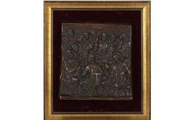 A SQUARE BRONZE PLAQUE OF THE LAST SUPPER, IN THE MANNER OF TENIERS, LATE 19TH /EARLY 20TH CENTURY