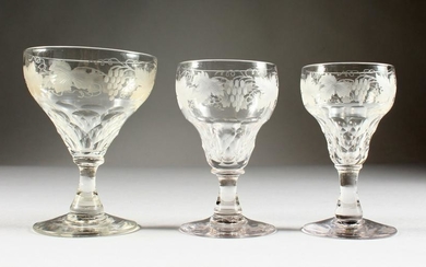A SUITE OF GLASSWARE, etched with fruiting vines