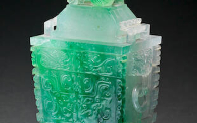 A SUPERB JADEITE ARCHAISTIC INCENSE BURNER AND COVER, FANGDING