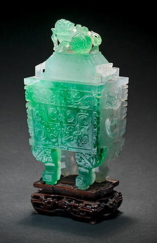 A SUPERB JADEITE ARCHAISTIC INCENSE BURNER AND COVER, FANGDING