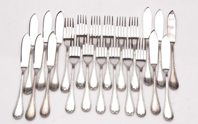 A Set of 11 Christofle Rubans Pattern Silver Platerd Fish Knives and Set of 12 Forks