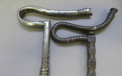 Ⓐ TWO INDIAN CRUTCH SWORDS (ZAFAR TAKIEH) FORMED ENTIRELY OF IRON, 19TH CENTURY