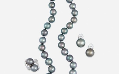A Tahitian black cultured pearl, diamond, and eighteen