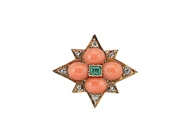 A Victorian emerald, coral and diamond star brooch