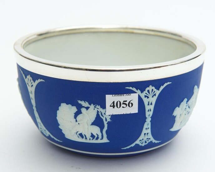 A WEDGWOOD SILVER PLATE MOUNTED BLUE AND WHITE JASPERWARE BOWL, 17 CM DIAMETER, LEONARD JOEL LOCAL DELIVERY SIZE: SMALL