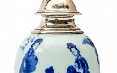 A blue and white tea canister with Dutch silver mounts