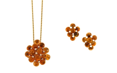 A citrine and diamond pendant necklace and pair of earrings