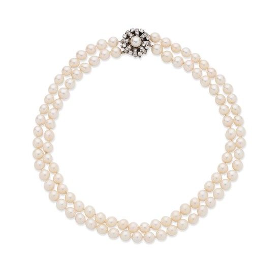A cultured pearl necklace with a cultured pearl and diamond clasp