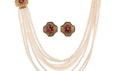 A cultured pearl necklace with gem-set clasp and...