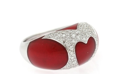 A diamond and enamel ring set with numerous brilliant-cut diamonds and red enamel, mounted in 18k white gold. Size 54.