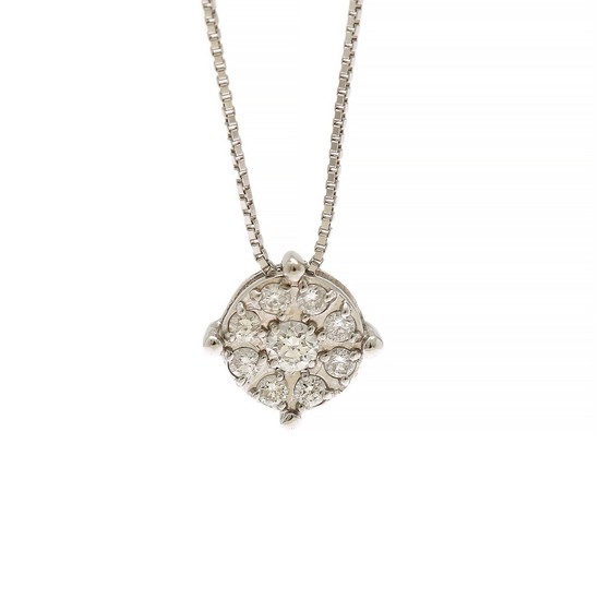 A diamond pendant set with nine brilliant-cut diamonds totalling app. 0.15 ct., mounted in 18k white gold, on an 18k white gold necklace. (2)