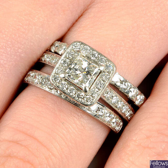 A diamond ring, together with two platinum brilliant-cut diamond band rings.