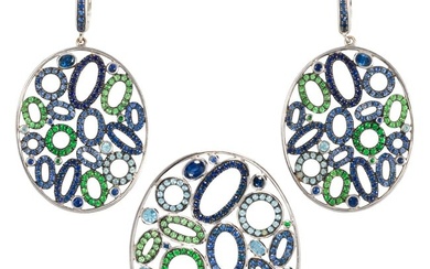 A gem-set, 18k white gold pendant and earring set