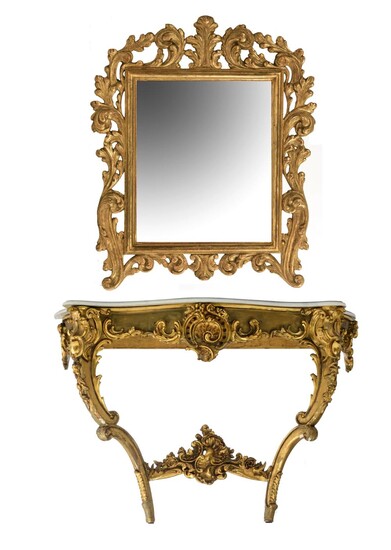 A gilt Rococo style console table, with a matching mirror, H 83 - 102 cm