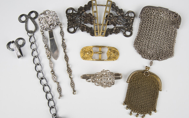 A gilt chain mesh purse, possibly French, with a snap clasp, another chain mesh purse, unmarked, two