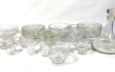 A good and varied selection of cut and moulded glassware, including a Ships decanter, fruit bowls