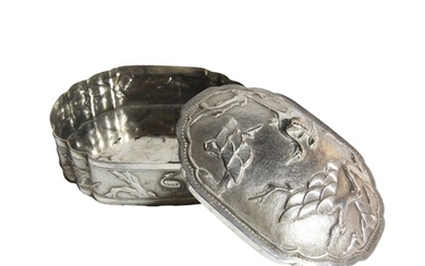 A good silver Chinese trinket box with stork decoration amon...