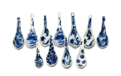 A group of blue and white porcelain spoons painted with landscape design, mandarin ducks among lotus flowers, floral design within coin shaped panels, dragons and pheonix patterns