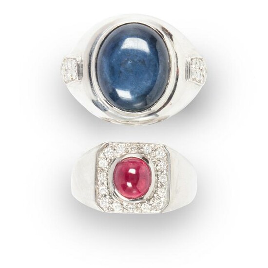 A group of gemstone and fourteen karat white gold rings