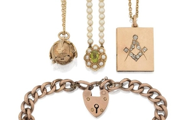 A group of jewellery, comprising: an early 20th century gold and diamond-set Masonic locket pendant to a gold neckchain; a 9ct gold bracelet, of curb-link design to a padlock clasp; a cultured pearl necklace of two graduated rows of cultured pearls...