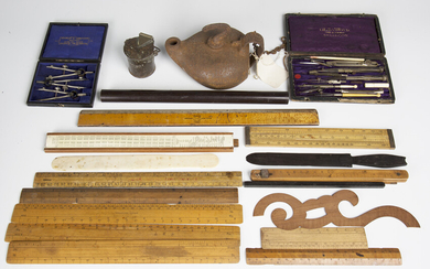 A group of mixed collectors' items, including a selection of technical drawing instruments, a s