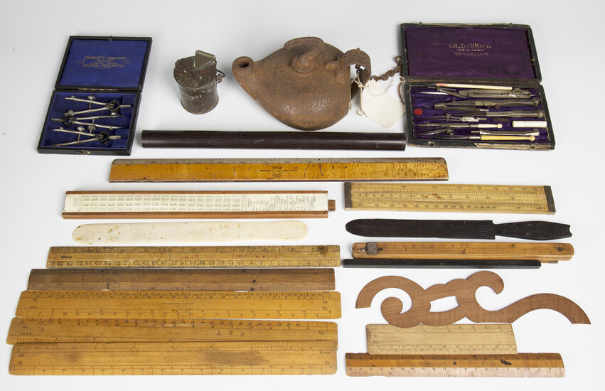 A group of mixed collectors' items, including a selection of technical drawing instruments, a s