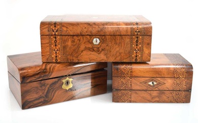 A group of three Victorian walnut and marquetry writing slopes...