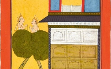 A leaf from a Bhagavata Purana series, the Infant Krishna delivers Nalakuvara and Manigriva from the curse of Sage Narada, North India, probably Jammu, circa 1740