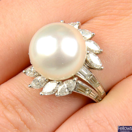 A mid 20th century cultured pearl and vari-cut diamond floral cluster ring.