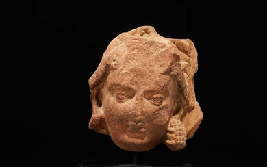 A mottled red sandstone Yakshini head, Central India, Mathura, 2nd century