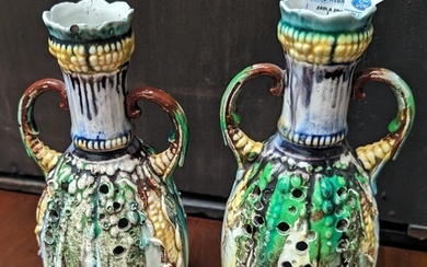 A pair of Art Nouveau antique Majolica vases - number on bas...