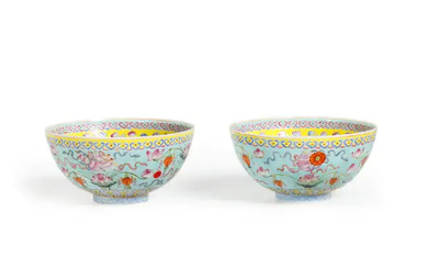 A pair of Chinese famille rose 'bats and Buddhist Emblems' semi-eggshell bowls...