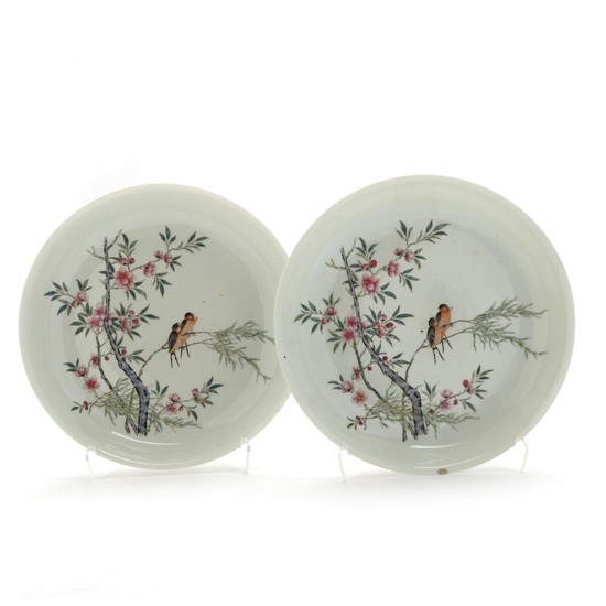 A pair of Chinese porcelain plates decorated in colours with birds on branches with berries and flowers. Marked Guanxu 1875–1908. Diam. 24,5 cm. (2)