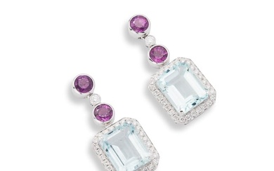 A pair of aquamarine, ruby and diamond pendent earrings