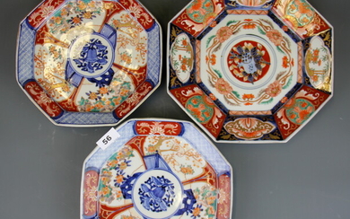 A pair of early 20th Century Japanese Imari octagonal plates, Dia. 25cm, together with a further octagonal plate.