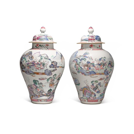 A pair of famille-rose 'landscape' jars and covers, Qing dynasty, Yongzheng / Qianlong period | 清雍正 / 乾隆 粉彩山水圖蓋罐一對