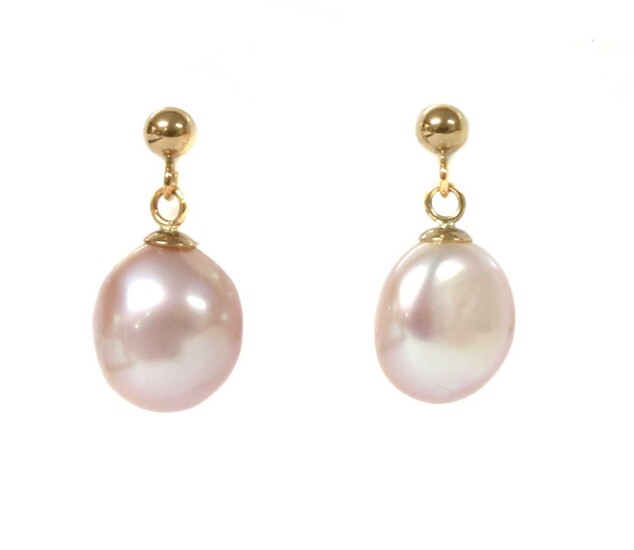 A pair of gold cultured freshwater pearl drop earrings
