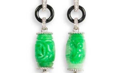 A pair of jade, black chalcedony and diamond earrings