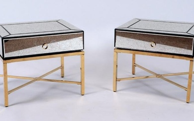 A pair of mirrored and brass end tables with a single drawer in the manner of Serge Roche. Ht