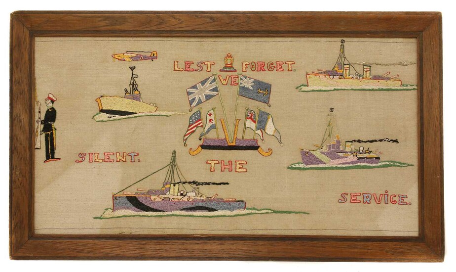 A pair of naval long stitch woolwork pictures